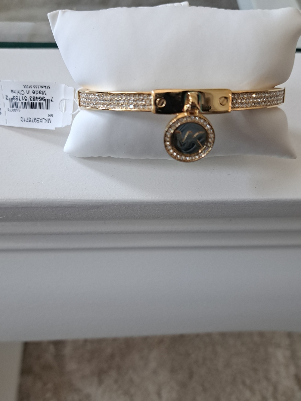 Michael Kors Polished Gold-Tone Pavé Bangle Bracelet with  Disc Charm
